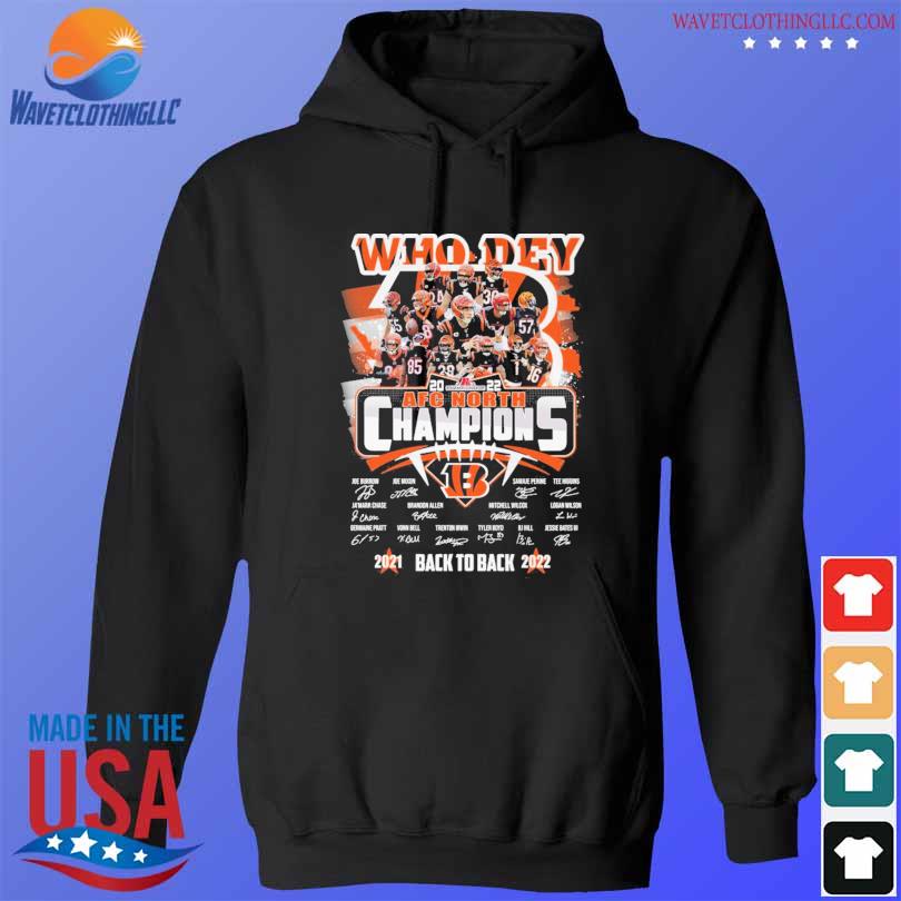 Cincinnati bengals who dey afc north champions 2021 20222 back to back  signatures shirt, hoodie, sweater, long sleeve and tank top