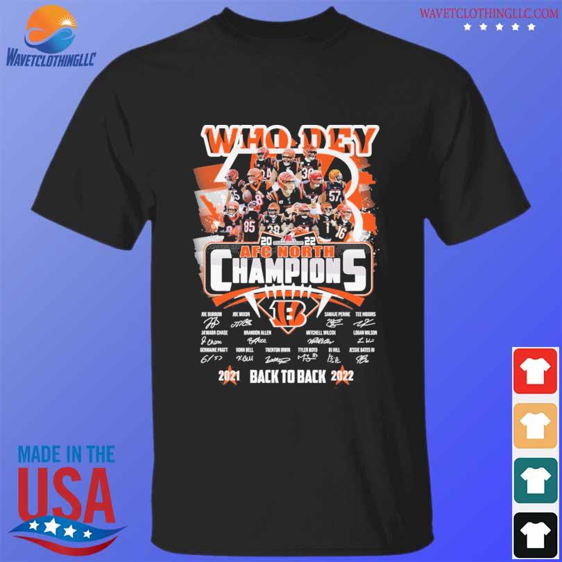 Cincinnati bengals who dey afc north champions 2021 20222 back to back  signatures shirt, hoodie, sweater, long sleeve and tank top