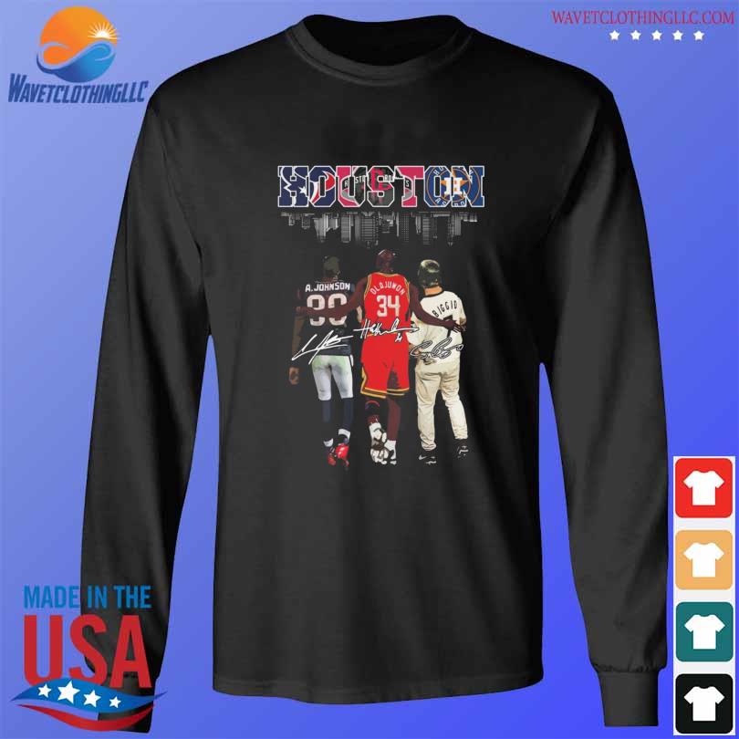 Official houston city Houston Texans Andre Johnson Hakeem Olajuwon Houston  Rockets and Craig Biggio Houston Astros signatures shirt, hoodie, sweatshirt  for men and women