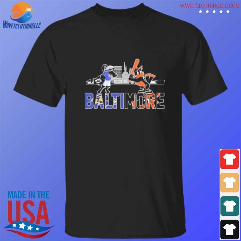 The oriole bird and poe mascots baltimore skyline sports shirt