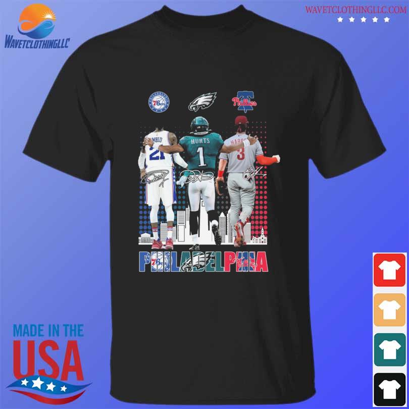 Official Philadelphia sports skyline joel embiid jalen hurts and bryce  harper signatures T-shirt, hoodie, tank top, sweater and long sleeve t-shirt