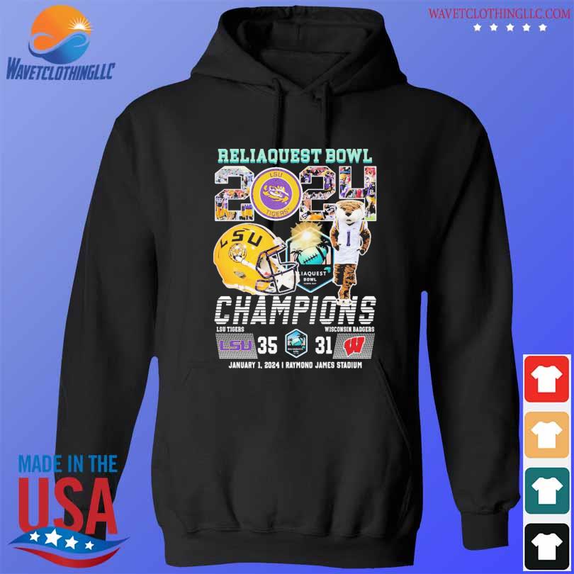 Mascot reliaquest bowl lsu tiger 2024 champions raymond james stadium shirt