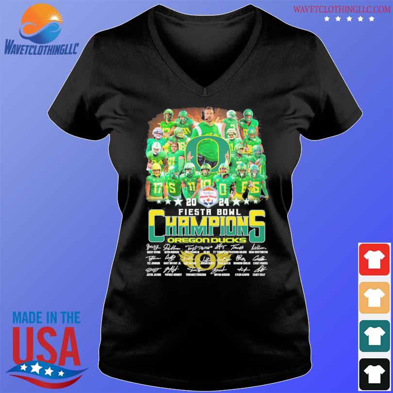 Oregon Ducks Football 2024 Fiesta Bowl Champions Casey Kelly Jestin   Oregon Ducks Football 2024 Fiesta Bowl Champions Casey Kelly Jestin Jacobs Signatures Shirt V Neck Den 