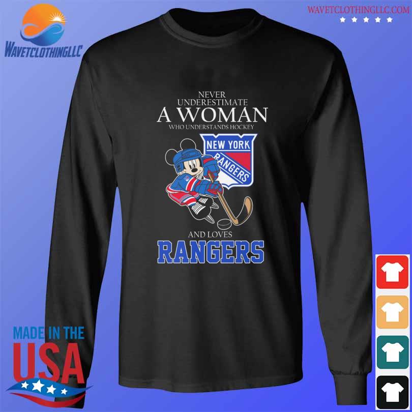 Mickey Mouse never underestimate a woman who understands hockey and love rangers s longsleeve den