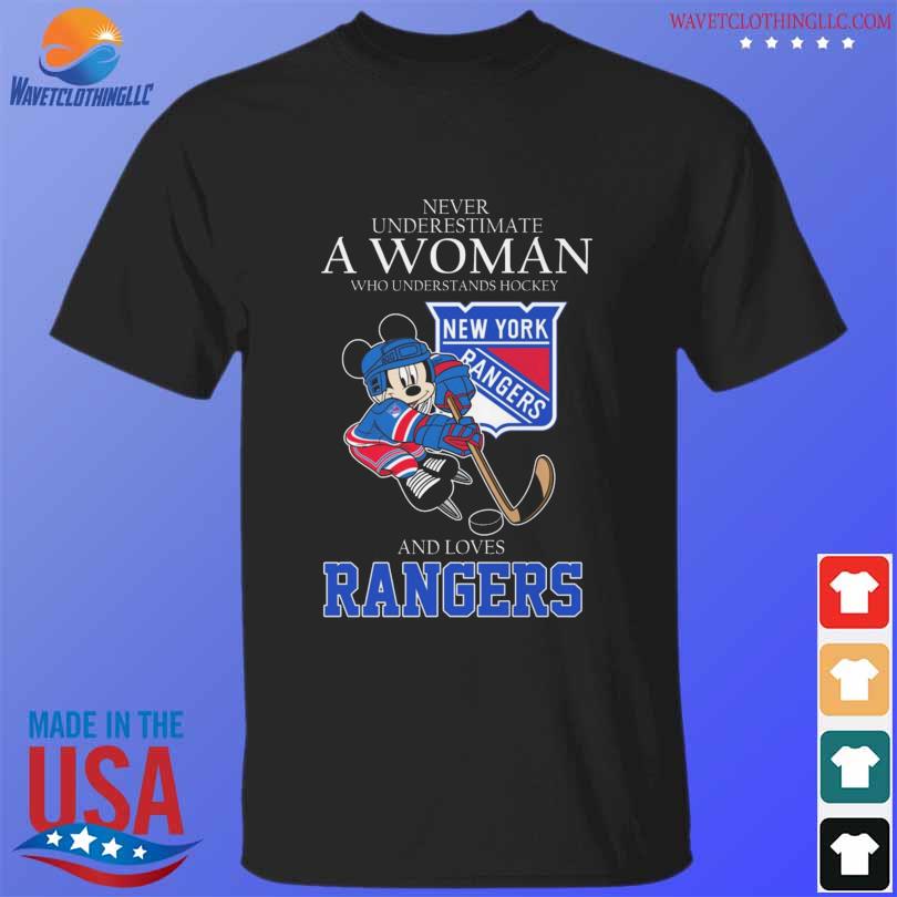 Mickey Mouse never underestimate a woman who understands hockey and love rangers shirt
